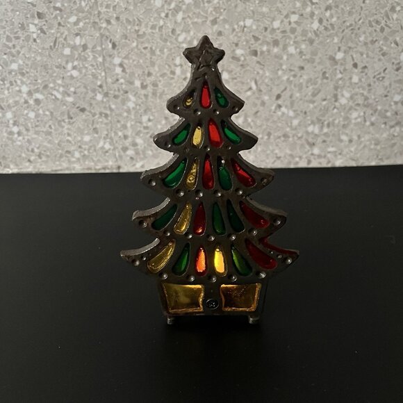 Cast Iron & Stained Glass Christmas Tree Candle Holder 6" Vintage - Picture 3 of 7